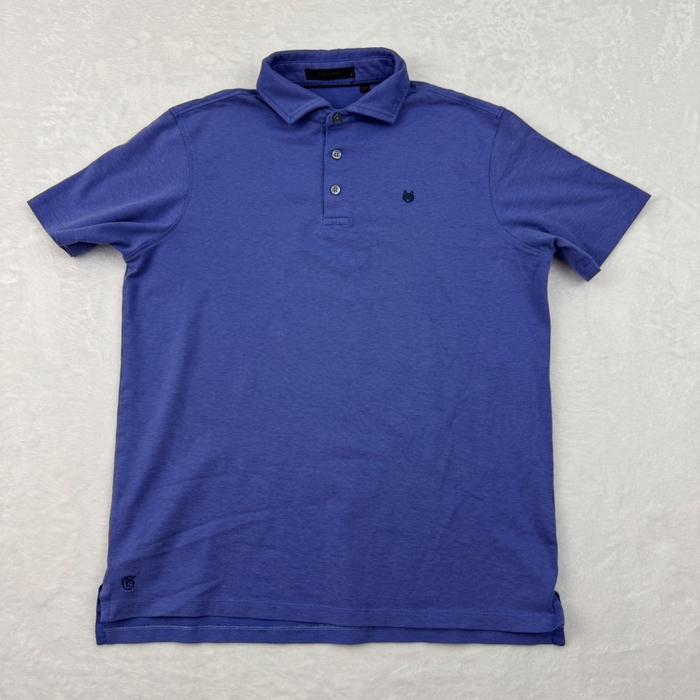 Greyson Mens S Short Sleeve Wolf Logo Pique Polo Shirt Purple Blue Heather Golf